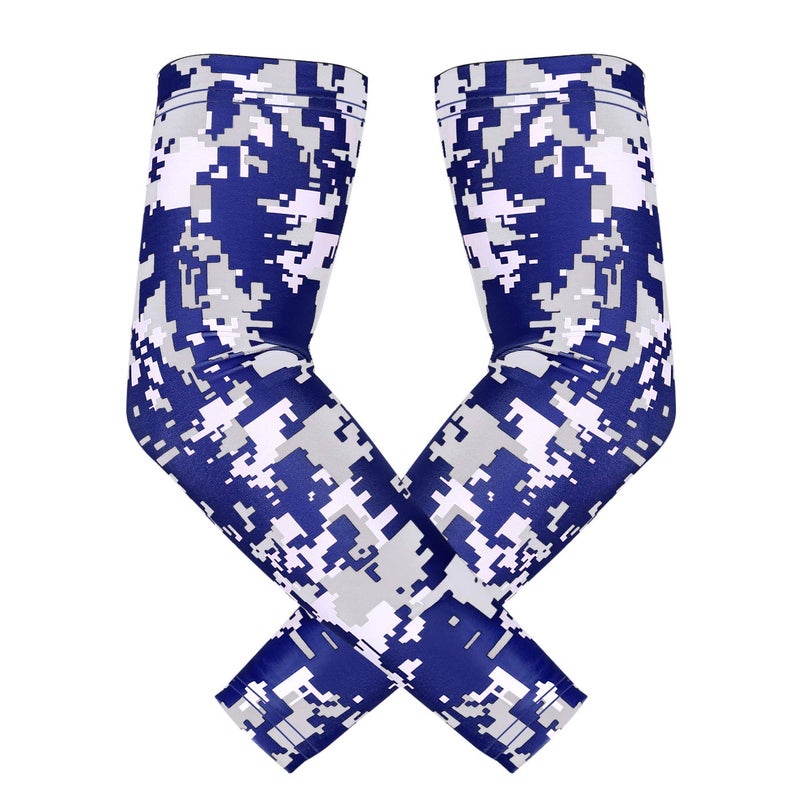 HDE Arm Compression Sleeves for Kids Basketball Shooting Sleeve Youth Sports Cooling Sun Protection Football Baseball 1 Pair Navy Blue & Silver Camo - YS - Image 1